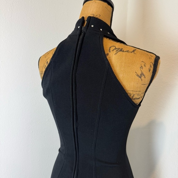VINTAGE 90s JS Collections black halter midi dress crystal accents slit bodycon - Picture 7 of 9